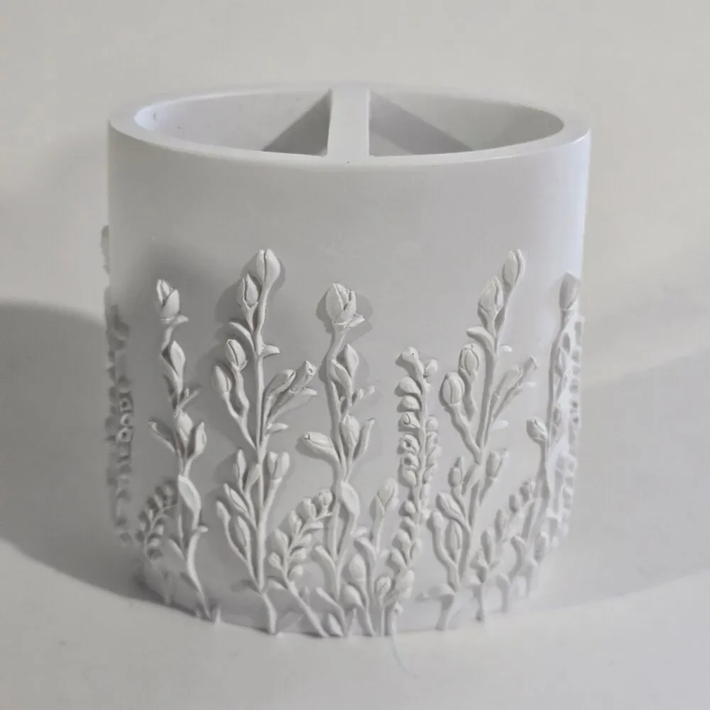 Toothbrush Holder - Ceramic Floral Embossed Bathroom Cup Unglazed - White Matte